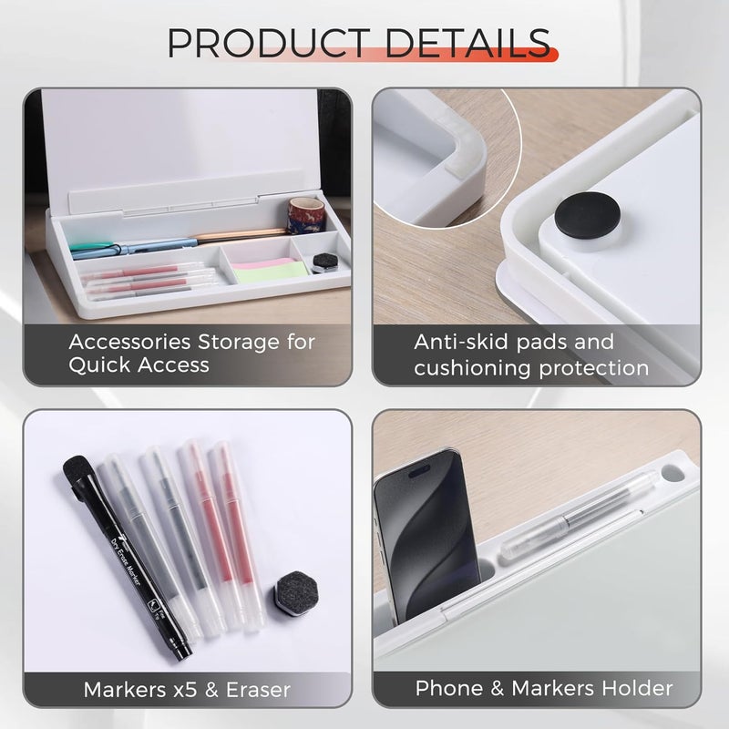 TOWON Small Compact Glass Desktop Whiteboard with Storage – 12 x 7 in Dry Erase Board for Desk, Home Office, School | Includes 5 Markers, Eraser & Holder | Space-Saving Organizer, Aesthetic White - Image 3